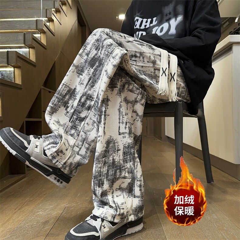 美式扎染直筒休闲裤加绒保暖百搭阔腿裤*CK49*P30加绒35控68,男装棉衣,星座511-1