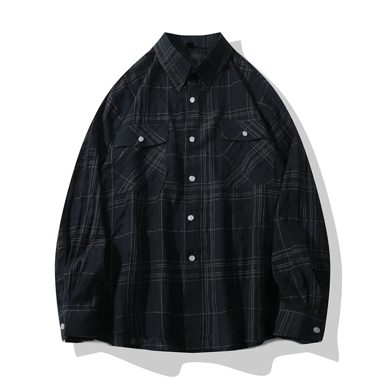 B413-1-DX6076美式复古格子长袖衬衫夏季物理防晒设计感小众上衣，男装防晒衣，电商B413-1