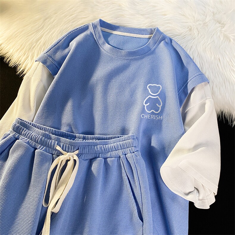 平铺2023夏季新款华夫格拼接假两件运动休闲套装TZ622p75控98，男装休闲套装，电商A247-1