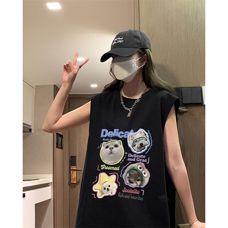 美式无袖vibe纯棉T恤慵懒风小猫咪印花休闲宽松打底衫HY580TP18,男装T恤,电商A102B