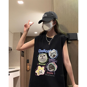 美式无袖vibe纯棉T恤慵懒风小猫咪印花休闲宽松打底衫HY580TP18图片