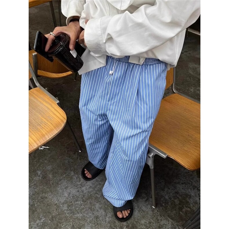 韩版小众垂感蓝色条纹休闲裤速干冰丝慵懒风宽松直筒长裤XXW18,男装休闲裤,星座208-5
