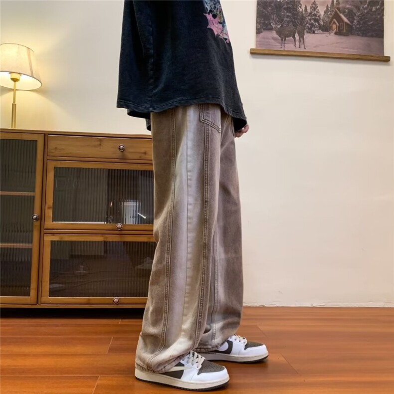 阔腿牛仔裤男高腰宽松显瘦2024年秋新款长裤垂感拖地裤子,男装牛仔裤,四季星座218-1