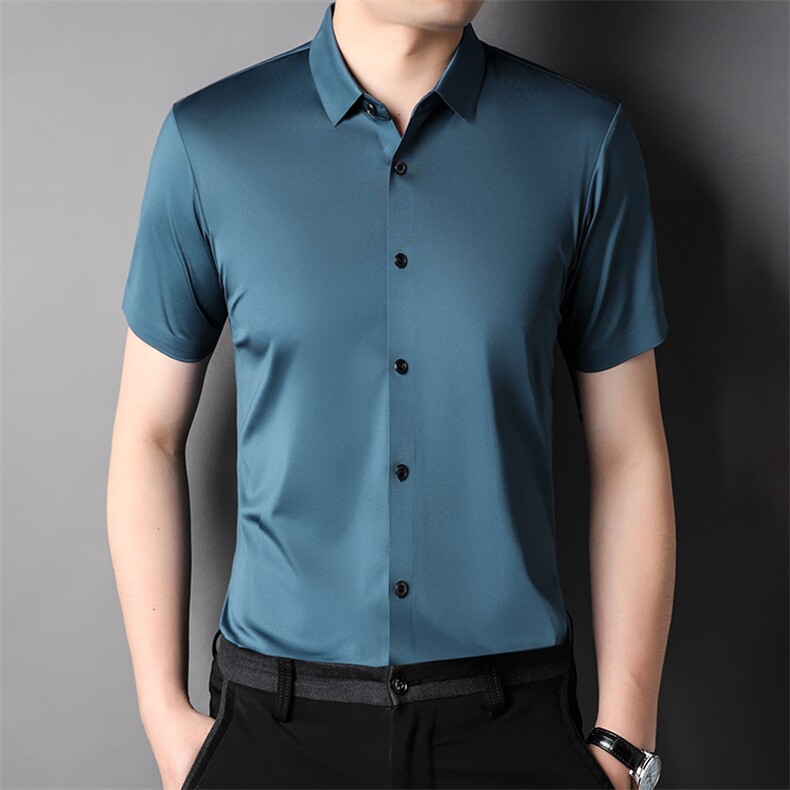 短袖衬衫男弹力薄款上衣服夏季中年男士商务休闲纯色百搭衬衣爸爸,男装衬衫,电商B212（原钱塘6029）
