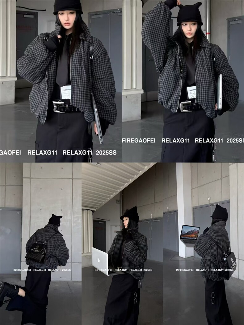 网图老钱风格子毛呢加厚棉衣外套男士潮流美式短款棉服特P85,男装棉衣,电商C306-1