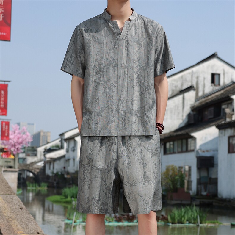2025夏新款风男装新中式盘扣天丝提花套装短裤+短袖A99-P115，男装休闲套装，电商B277(原6028)