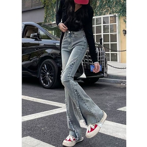 春秋季新款微喇牛仔裤女高腰设计感马蹄时尚拼接毛边喇叭牛仔裤子图片