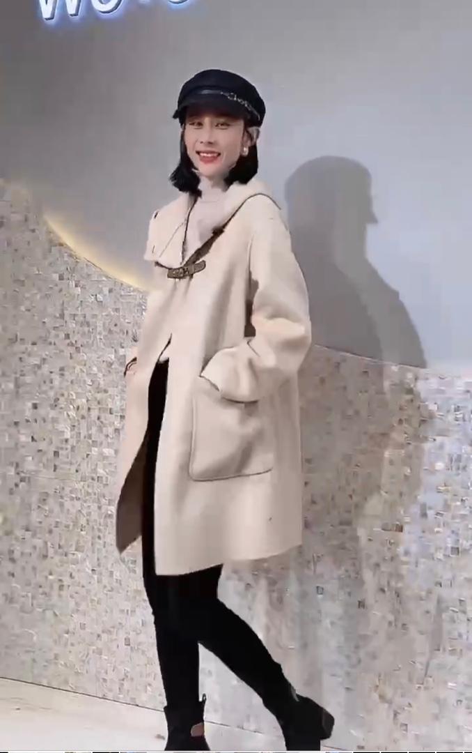 2021秋冬新款韩中长款连帽大口袋拼皮扣休闲双面呢,女装其它,L·H·X