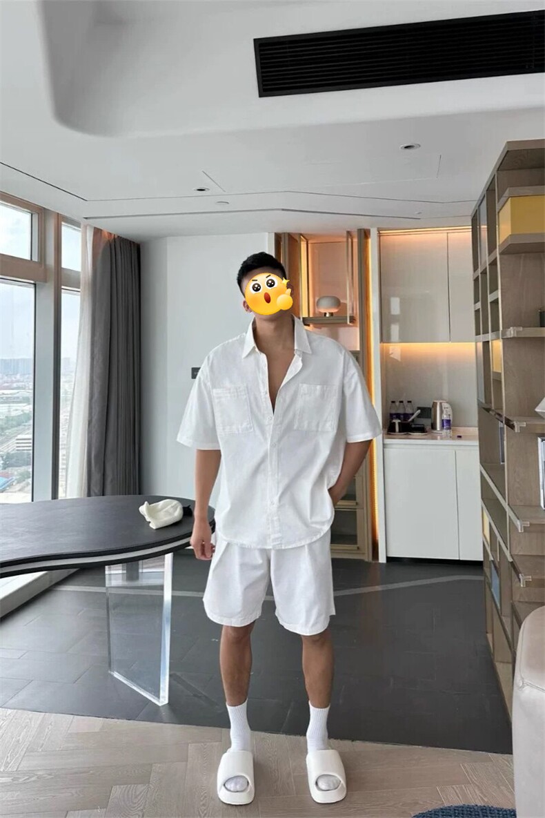 纯色冰丝速干衬衫套装男夏季潮牌拼接凉感宽松休闲短袖短裤两件套,男装休闲套装,电商A001