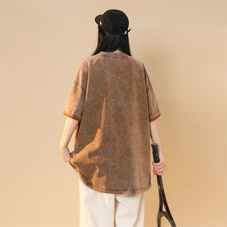 中性风夏季水洗美式做旧蜡染短袖T恤男女几何字母印花2024新款潮,男装T恤,电商C306-1