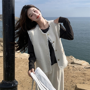白色小香风马甲套装裤女春秋高级感气质赫本风名媛三件套女神范图片