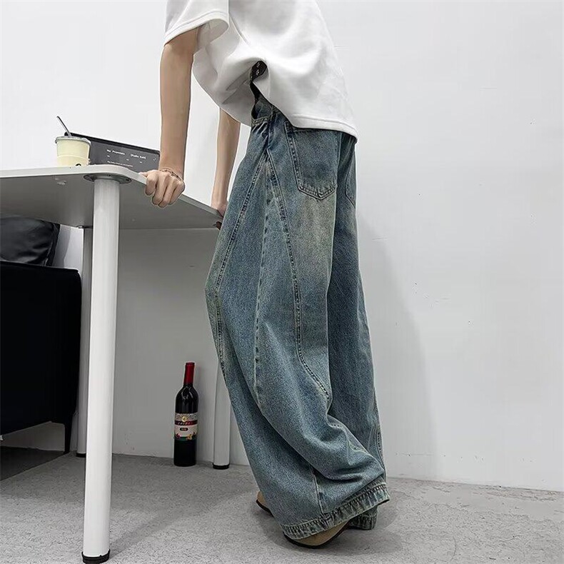 小众设计感廓形弯刀裤男美式古着做旧牛仔裤宽松显瘦休闲阔腿裤子,男装牛仔裤,星座601-1