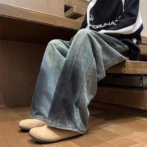 美式复古廓形破洞牛仔裤男潮牌高街涂鸦小众宽松水洗阔腿裤B34图片
