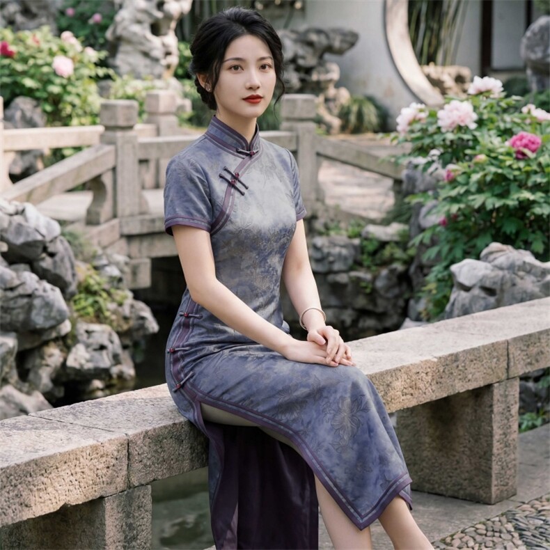 夏季新品时尚气质金丝提花弹力香云纱品质真丝喜庆中长款旗袍裙,女装汉服/婚纱/旗袍/礼服,媚琳依坊