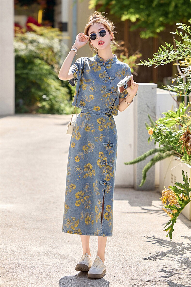 新中式盘扣牛仔套装裙女2025年夏季新款复古印花半身裙两件套,女装套装/套裙,关键词