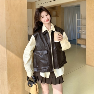 复古风咖色皮衣马甲衬衫套装女2026春新款减龄高级感小个子两件套图片