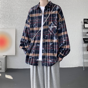 衬衫男春季新款港风宽松大码格子扎染刺绣长袖衬衣CS3016-P38图片