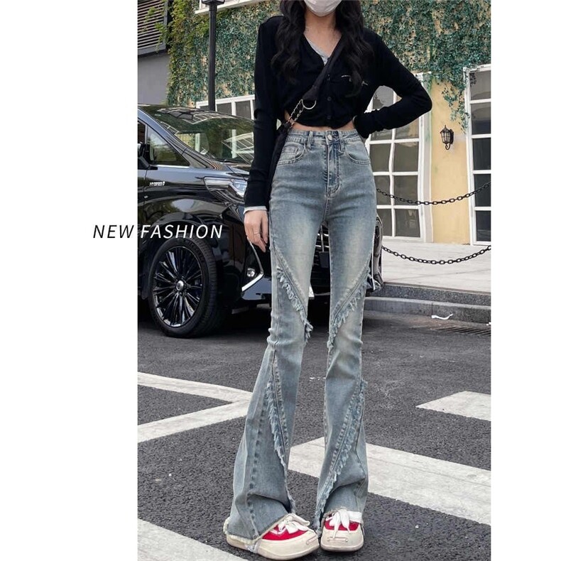 春秋季新款微喇牛仔裤女高腰设计感马蹄时尚拼接毛边喇叭牛仔裤子图片