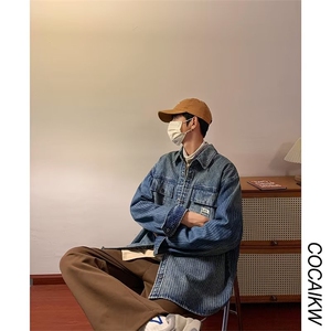 牛仔外套男条纹韩版潮流2023秋冬季新款ins宽松百搭夹克W4036-P61图片