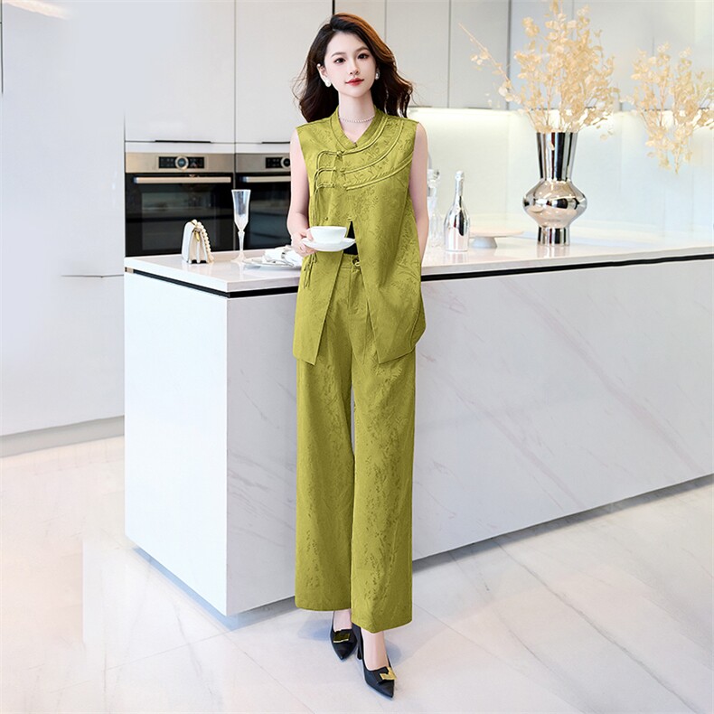 2025春新中式气质复古盘扣改良提花时尚洋气阔腿裤两件套女,女装套装/套裙,火爆靓佳人