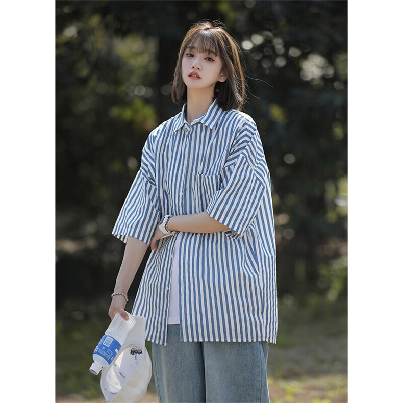 夏季新款条纹短袖衬衫女宽松设计感chic上衣洋气衬衣外套CS07-p45图片