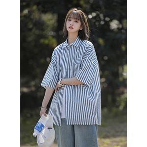 夏季新款条纹短袖衬衫女宽松设计感chic上衣洋气衬衣外套CS07-p45图片