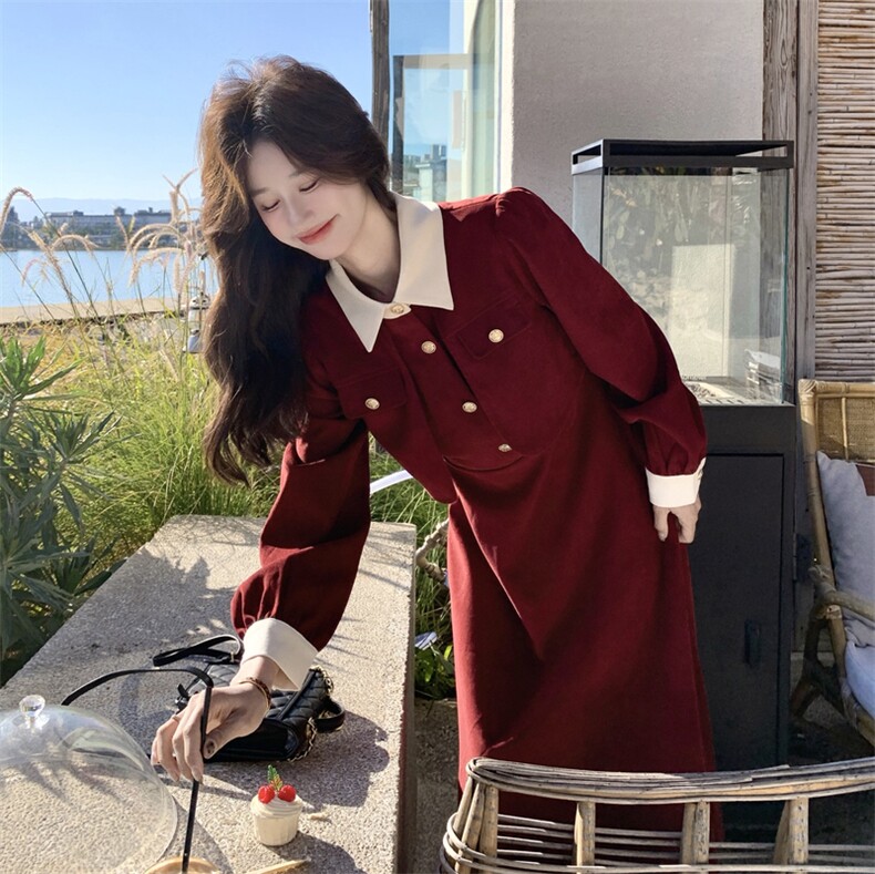 新品2C273-1106-P150-K248红色法式假两件气质连衣裙,女装连衣裙,2C273