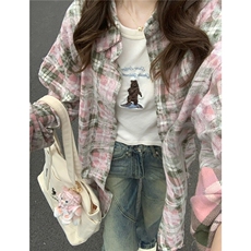 防晒粉色撞色艺术感格子衬衫外套女秋季小众开衫衬衣CV385，男装防晒衣，星座1116A（原606A-3）