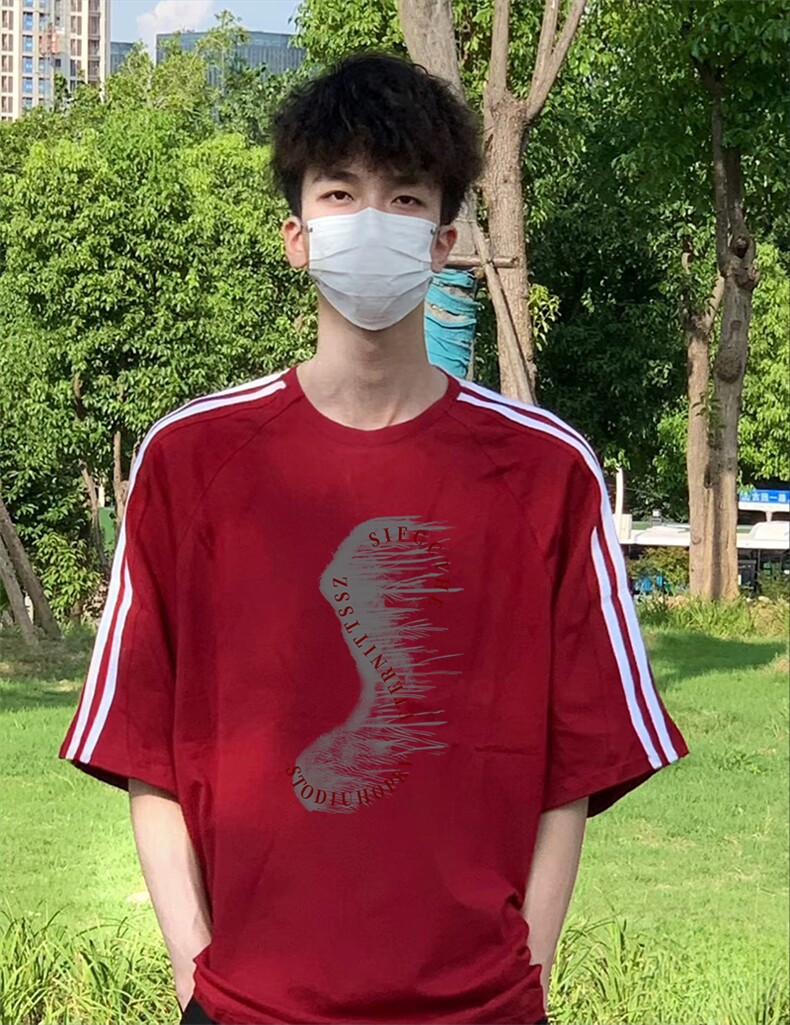 抖音得物高品质二开240克宽松纯棉美式潮牌三条杠织带短袖T恤,男装T恤,电商A486-1