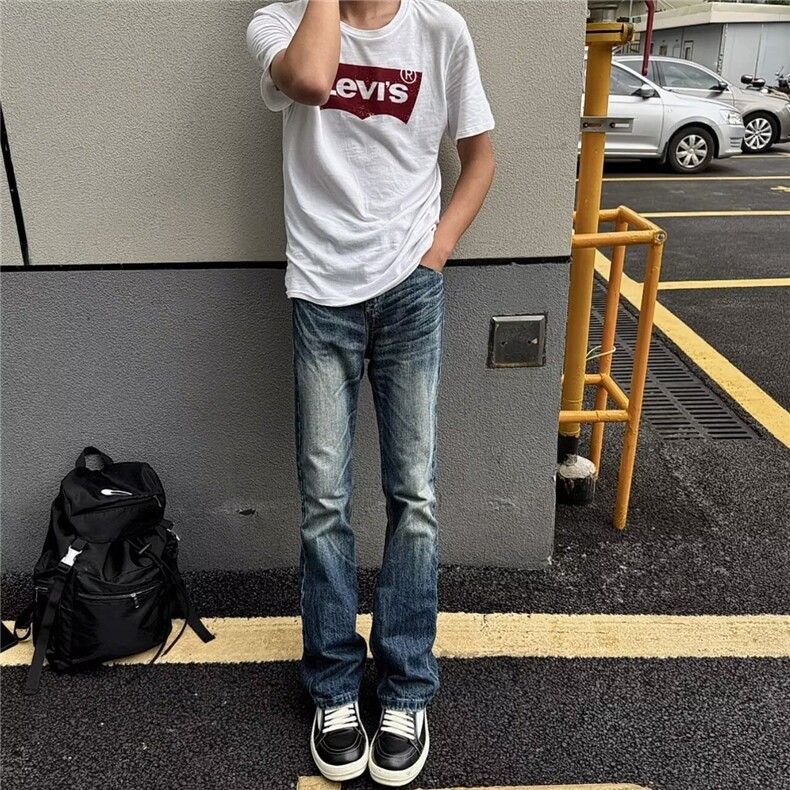 蓝色窄版直筒牛仔裤男秋季美式高街显腿长裤子vibe弹力修身微喇裤,男装牛仔裤,星座603-2