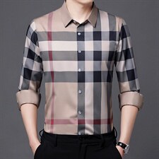 格子衬衫男长袖免烫衬衣春秋季新款条纹商务休闲时尚潮中年男装，男装衬衫，电商B212（原钱塘6029）