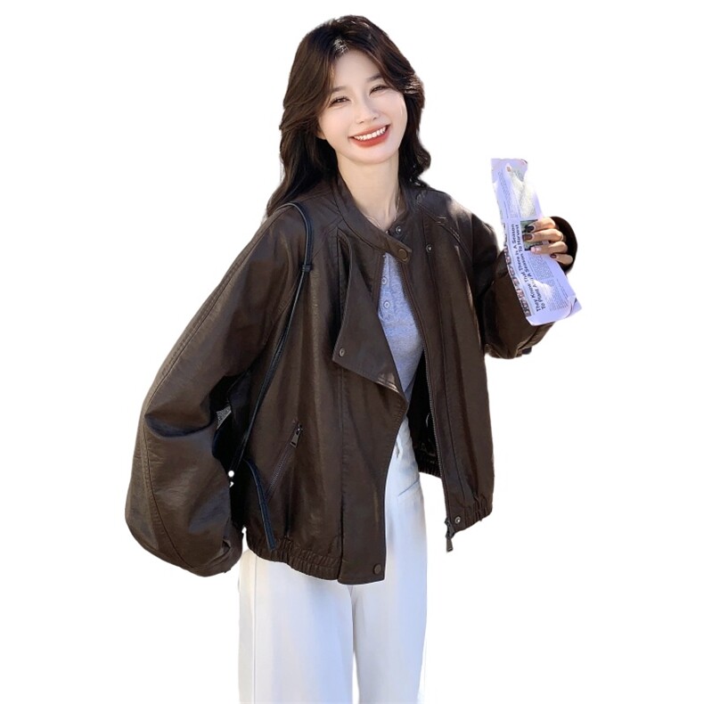咖色美式复古减龄PU皮衣外套女2025秋季新款百搭时尚气质流行夹克,女装短外套,2C198