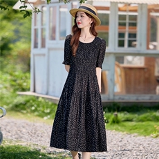 法式气质黑色波点短袖连衣裙女夏季2026新款高端收腰显瘦中长裙子，女装连衣裙，倪叶myz