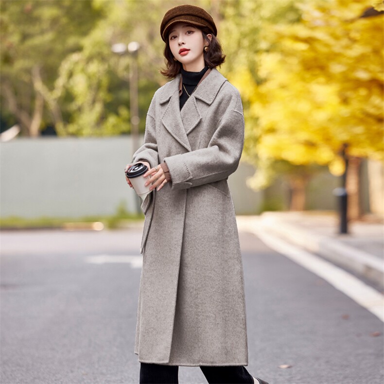 双面羊毛大衣女2025年秋冬新款气质百搭中长款显瘦100%羊毛外套,女装双面呢大衣,小荷流