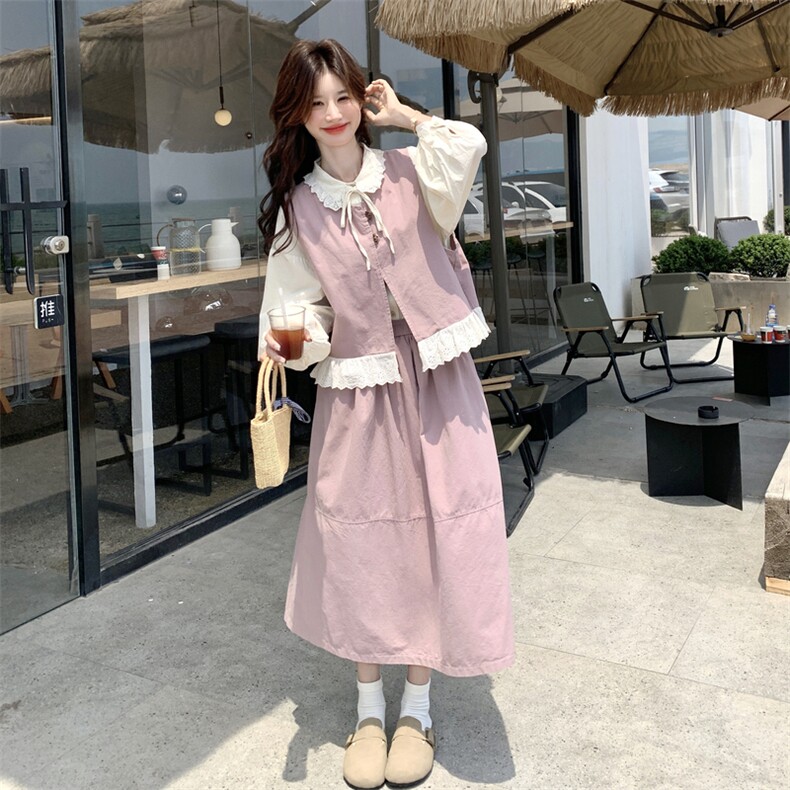 新品2026秋季长袖衬衫+粉色套装三件套2C056-7030-P185控268,女装套装/套裙,2C056