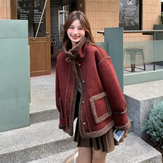红羊羔毛皮毛一体外套女新款爆款秋冬加厚短款麂皮绒机车服，女装短外套，2C133