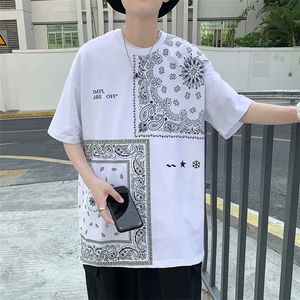 错位图腾休闲hiphop短袖T恤腰果花印花短袖男潮流五分袖 T251-P25图片