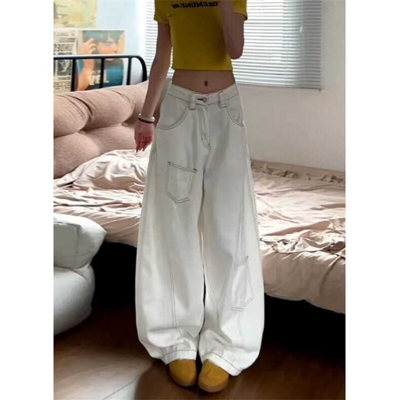 高街白色弯刀牛仔裤女春夏新款宽松显瘦高腰阔腿拖地裤KA9021,男装牛仔裤,星座1116A（原606A-3）