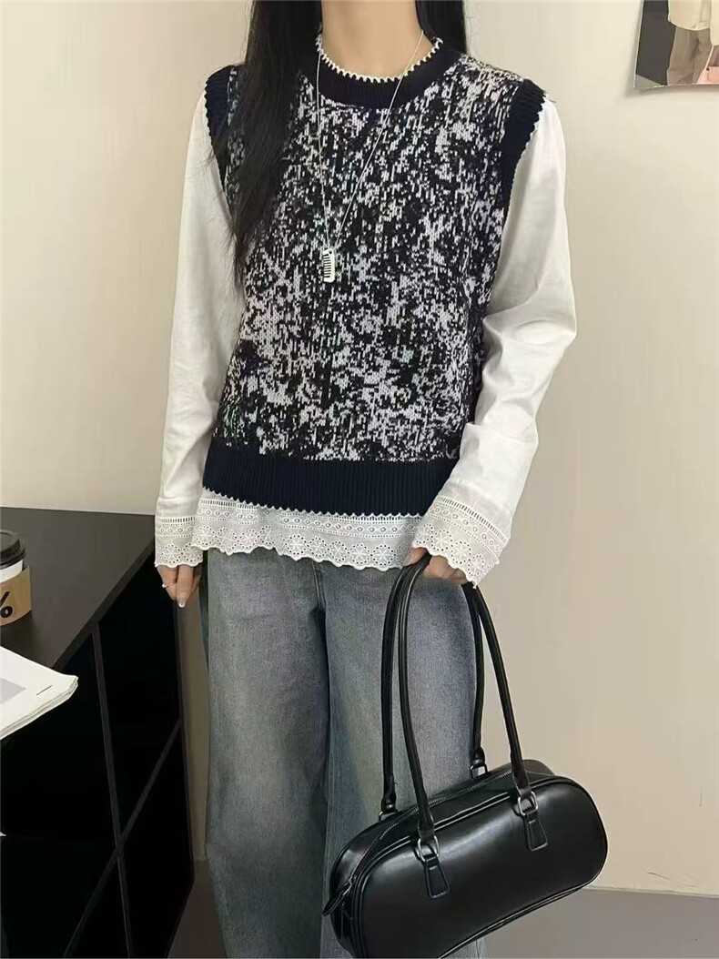 2025年秋季时尚百搭通勤简约休闲水墨画圆领马甲,女装马甲,暖姿羊绒