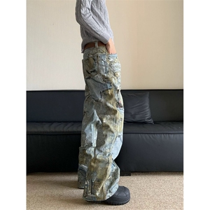 美式复古迷雾蔓延多口袋晕染迷彩裤直筒情侣休闲工装裤Q66 P65图片