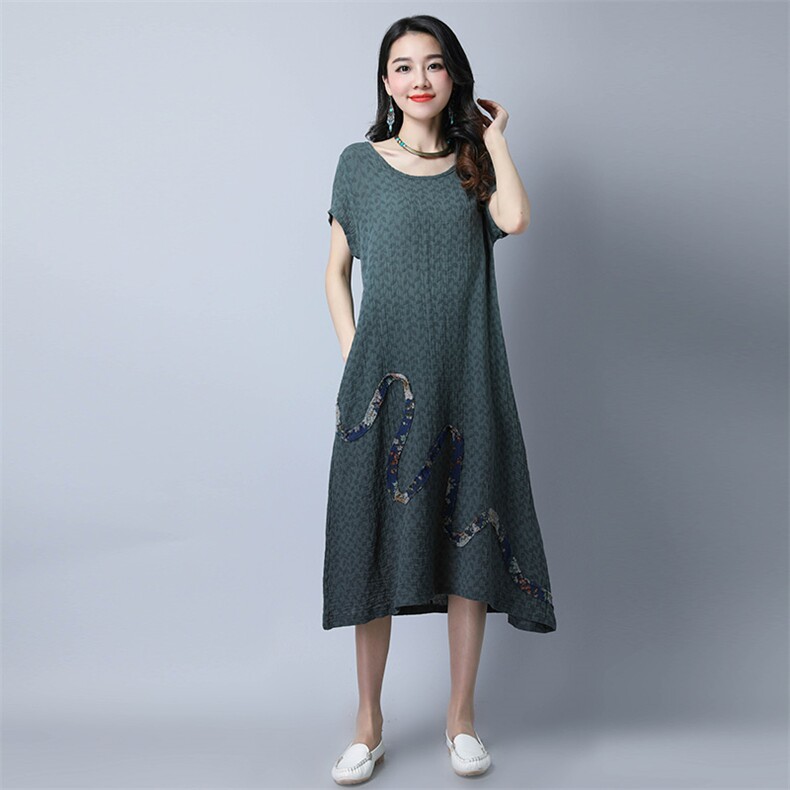 长裙贴布短袖2021年夏季口袋A型件宽松腰圆领纯色连衣裙,女装连衣裙,独衣靓