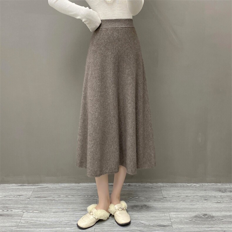 高级感色调软糯baby小山羊绒针织半身裙女高腰显瘦宽松紧腰A字裙，女装半身裙，织绒羊