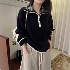 2025年秋季时尚不对称通勤简约休闲半拉链套衫，女装针织衫/毛衣，胜智羊绒