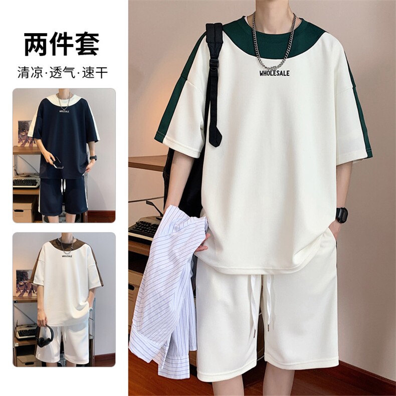 直播品质！2024夏季新款男士珠地短袖套装撞色学生一套TZP002P70图片