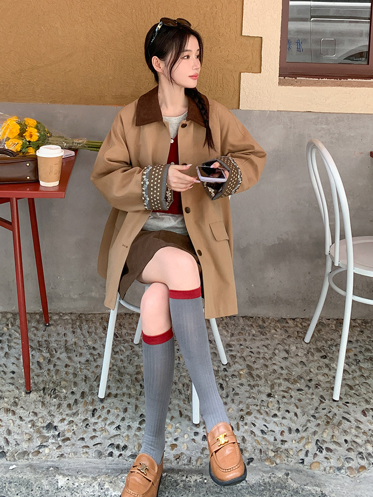 风衣女中长款2025年秋秋新款时尚百搭撞色拼接小个子时髦休闲外套,女装风衣,蝶眷