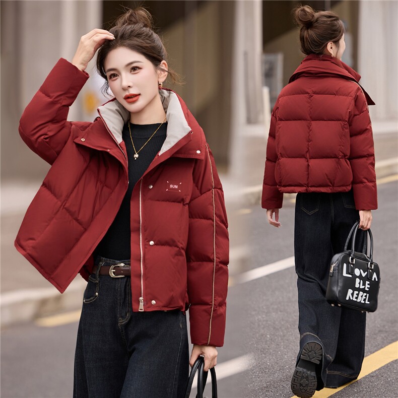 时尚撞色双层领短款羽绒服女2025冬季加厚保暖90白鸭绒面包服外套,女装羽绒服,艾尚靓装
