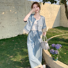 蓝色蕾丝拼接牛仔套装裙女夏季2025新款气质休闲上衣阔腿裤两件套，女装套装/套裙，2C159