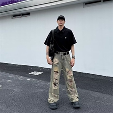 水洗黄泥破洞牛仔裤美式复古高街宽松休闲废土风潮流男女，男装牛仔裤，星座601-2