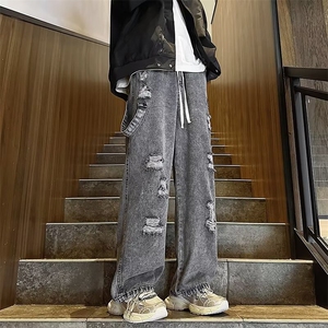 风破洞牛仔裤男宽松百搭直筒松紧腰春夏季新款阔腿裤 N6086图片
