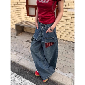 美式解构双腰头拼接弯刀牛仔裤男女设计感宽松阔腿裤子AA127-P60图片
